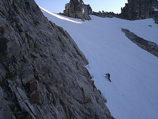 Fay traversing steep, icy snow on the way to W Fury.