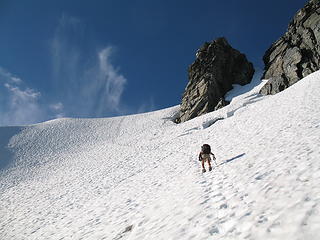 Steph ascending the final snowfield below the summit of Johannesburg on the NE Rib.