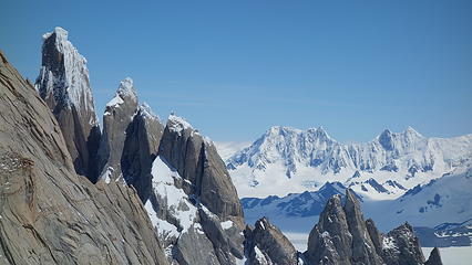 Cerro Torre on the left, with huge mountains behind