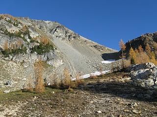 View back up to the saddle between campsite basin and Chipmunk Creek drainage