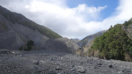 The 300 foot high landslide wall seen in center of the photo