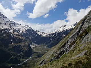 View to the head of the Matukituki with the slabby ramp to Bevan Col visible complete with waterfall