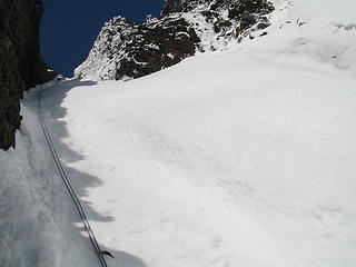 Looking up the crux gully.  It's still awaiting its first ski descent.