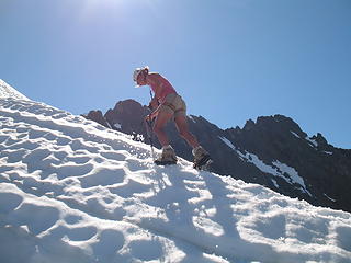 Steph climbing the snow arete on the NE Rib.