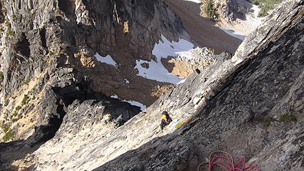 Looking down the N Face of Burgundy Spire,  about two pitches below the summit.  Burgundy Col below.
