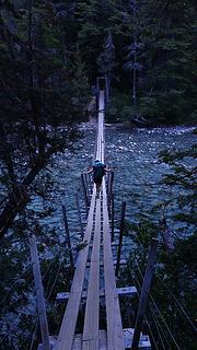 Crossing the rickety bridge over Rio Azul