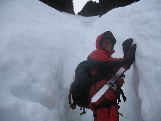 Mike in a 12' deep avalanche runnel.